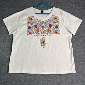 Sabaku Artwear Womens Top Size 1x Floral Short Sleeve White